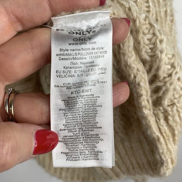 ONLY Our Story Size S Sweater Beige Scoop Neck Long Sleeve Open Knit Women's Tan - Picture 4 of 8